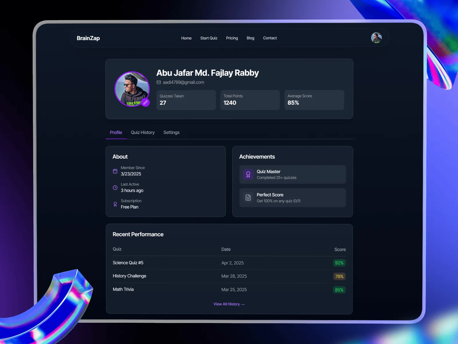 BrainZap profile page with quiz stats, achievements and recent scores