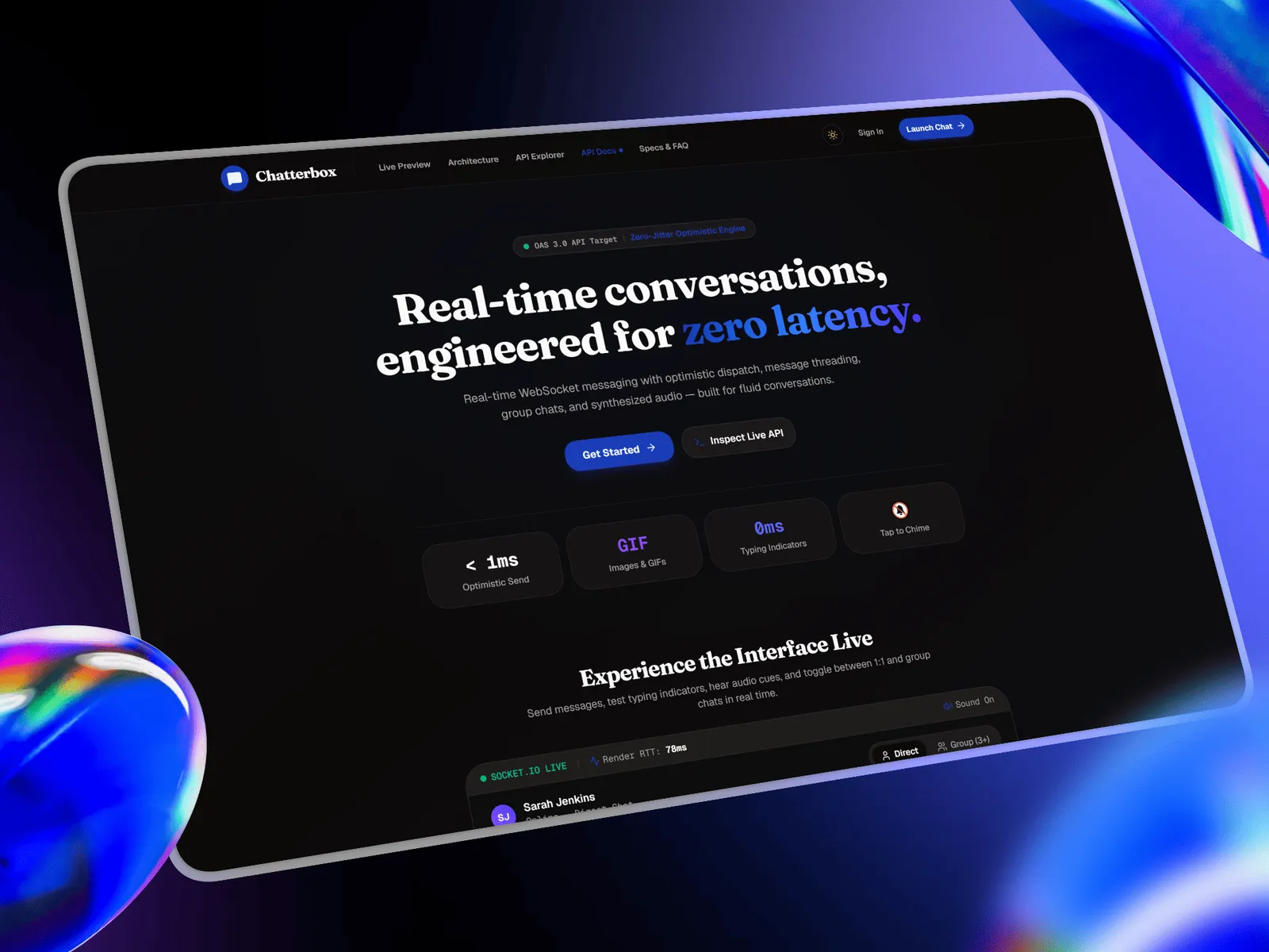 Chatterbox landing page with a live chat preview